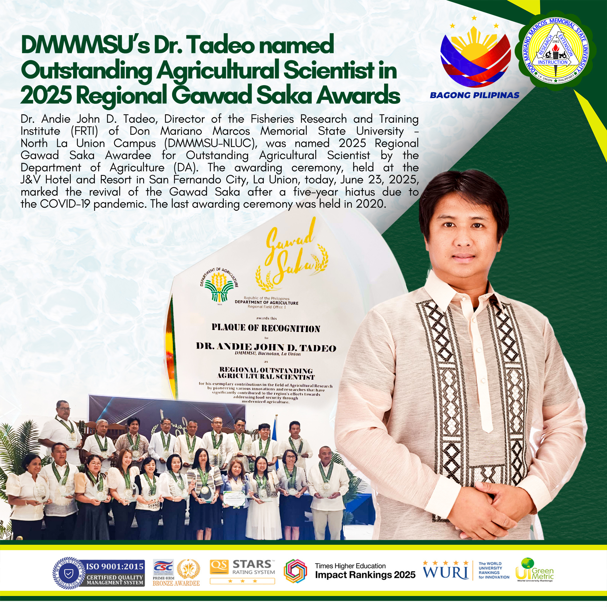 DMMMSU’s Dr. Tadeo named Outstanding Agricultural Scientist in 2025 Regional Gawad Saka Awards